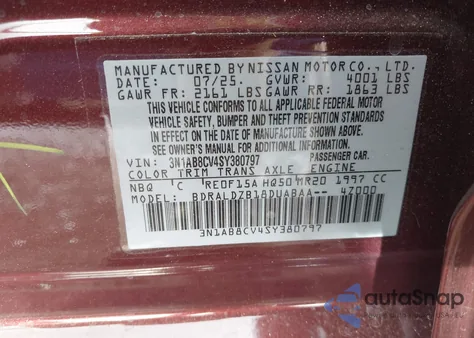 2025 Nissan Sentra Sv z USA, uszkodzony, nr VIN 3N1AB8CV4SY380797